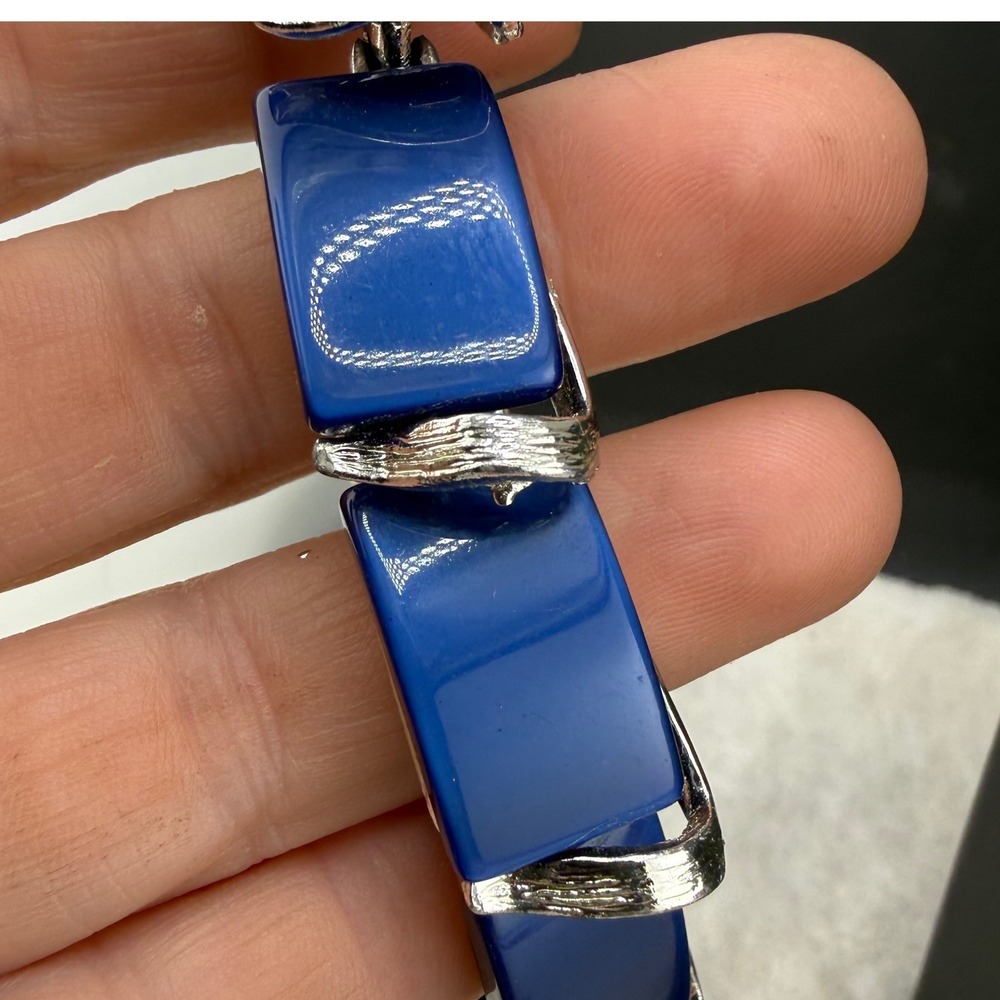 Vintage Thermoset Bracelet Blue Silver Tone Panel Mid-Century 7in